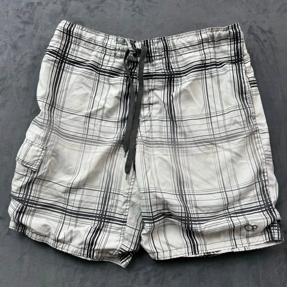 Ocean Pacific Mens Plaid Board Shorts White Black Grey Cargo Pocket Large 36-38